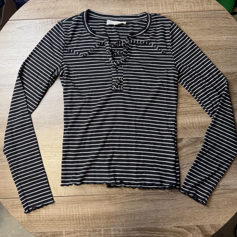 Pink Republic Womens Small Black White Striped Lace Up Ribbed Long Sleeve Top